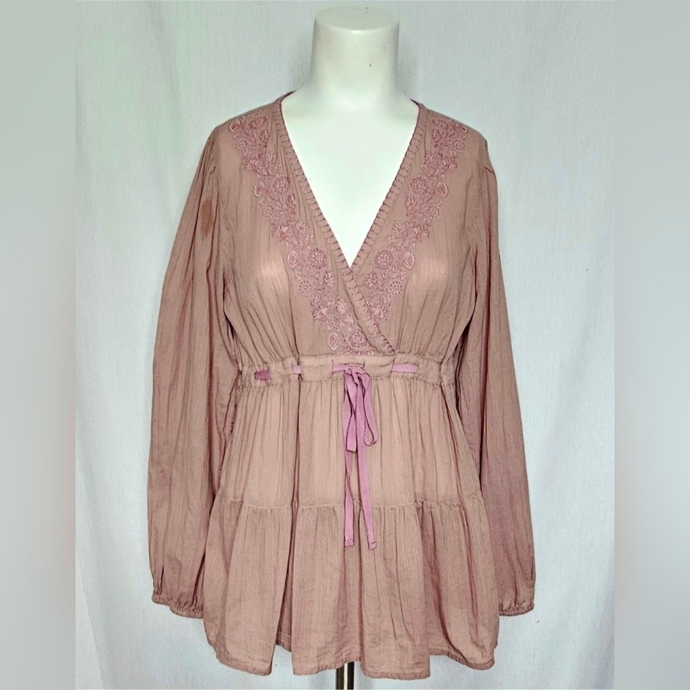 Lucky Brand‎ Mauve/Dusty Rose Embroidered Cotton Gauze Peasant Tiered Blouse M